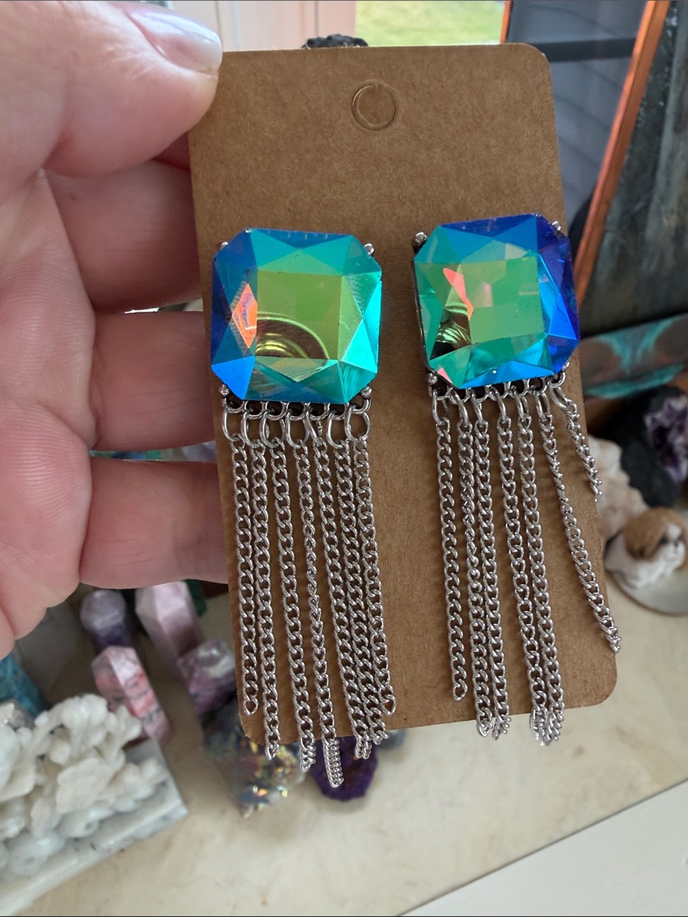 Iridescent Blue-Green Crystal Fringe Earrings - Women Jewelry